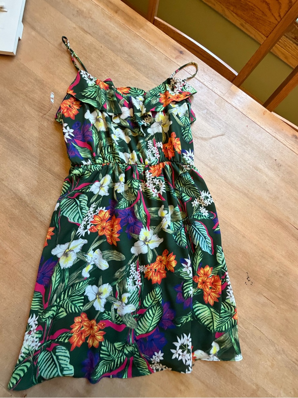 Everly Green Tropical Floral Sundress with Orange and White Blooms